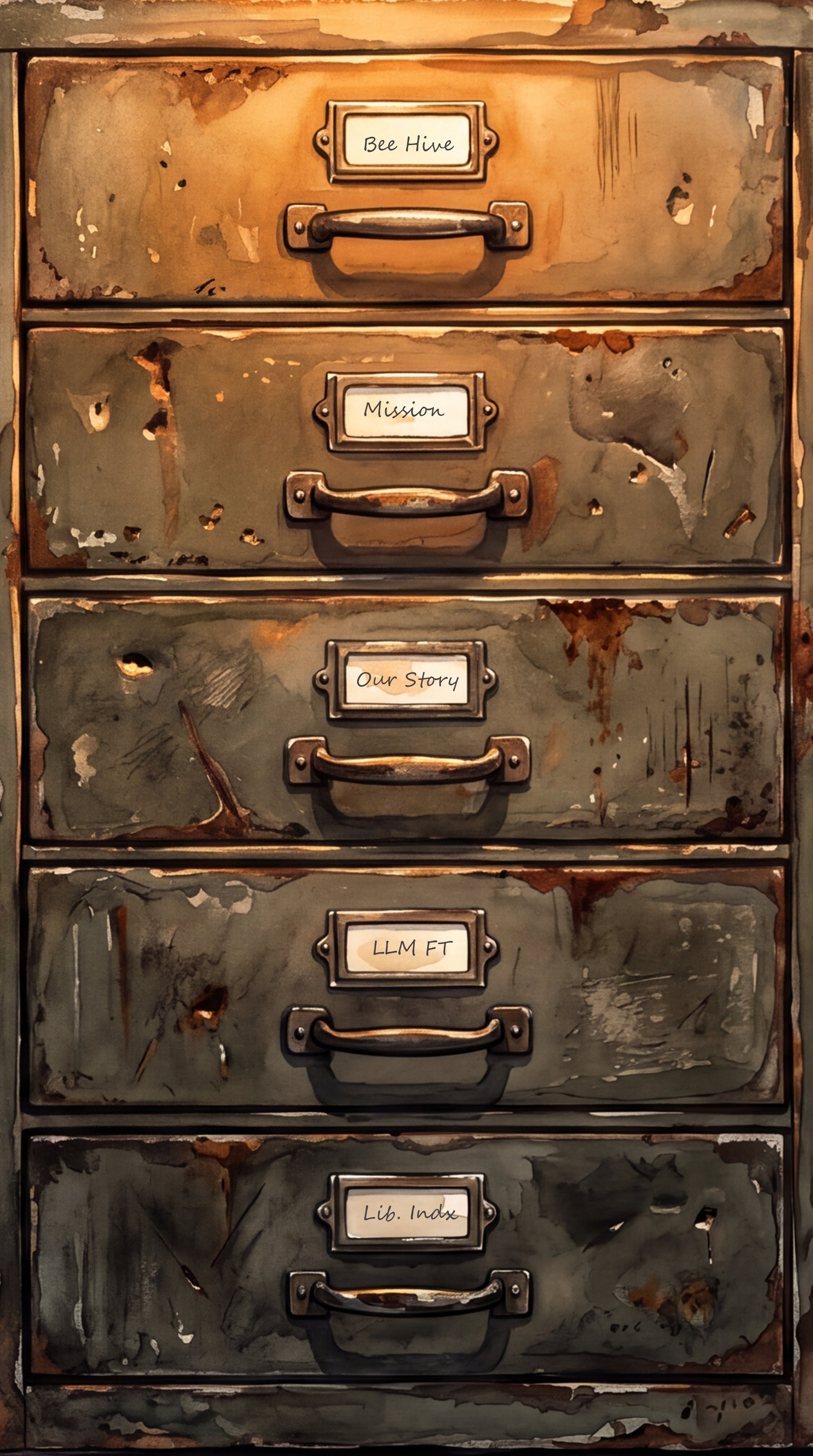 A weathered metal filing cabinet with five drawers