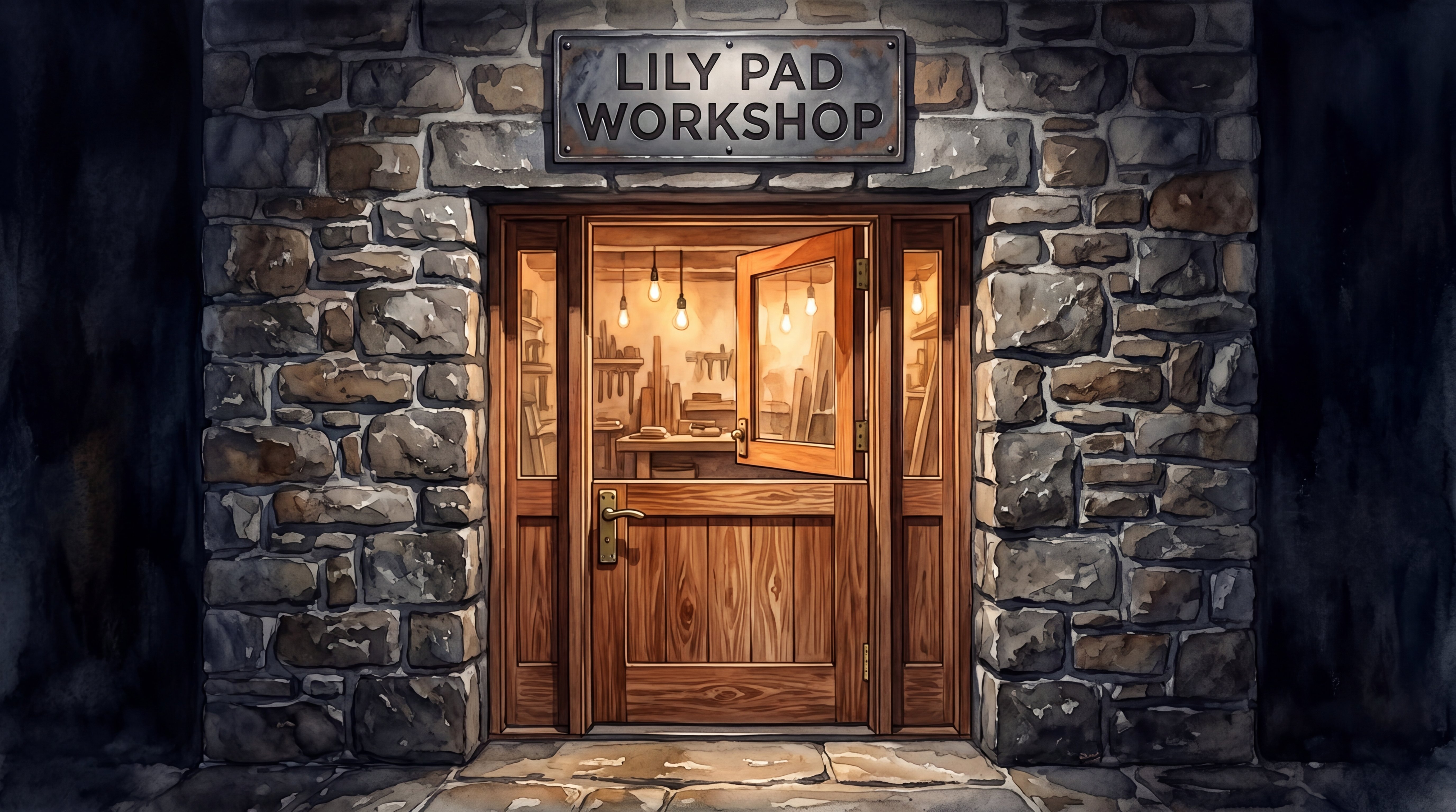 The entrance to Lily Pad Workshop — a cedar Dutch door, open at the top, warm light spilling out