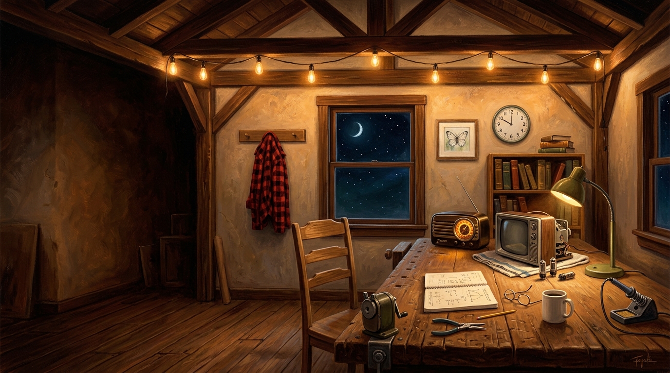 A craftsman's workshop at night: workbench with radio, tools, and warm filament lighting